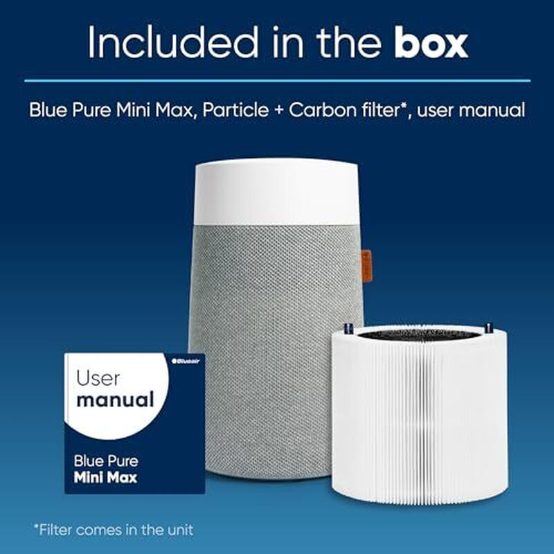 Blue Pure Mini Max Air Purifier， Compact Air Filtration – Grey， Smart & Quiet， Up to
