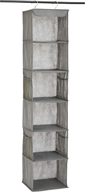 6-Tier Hanging Closet Shelf Organizer With Pockets, 8.5" D x 12" W x 9" H, Grey