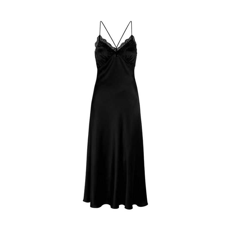 narrow lace v-neck black silk-like suspender dress L