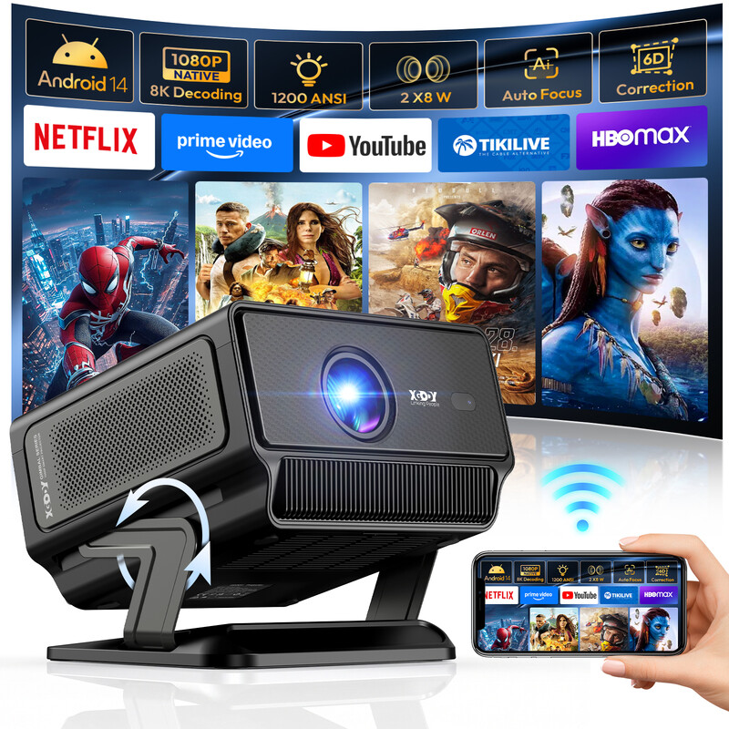 XGODY Gimbal A8 Projector, Native 1080P&1200ANSI, 4K/8K Video Decoding Ondersteund, Android14.0, WiFi6&BT5.4, Volautomatische Focus Auto Keystone, 2GB RAM+16GB ROM, Slimme Projector voor Thuisbioscoop Slaapkamer Compatibel met HDMI/USB/Telefoon/PS (Zwart)