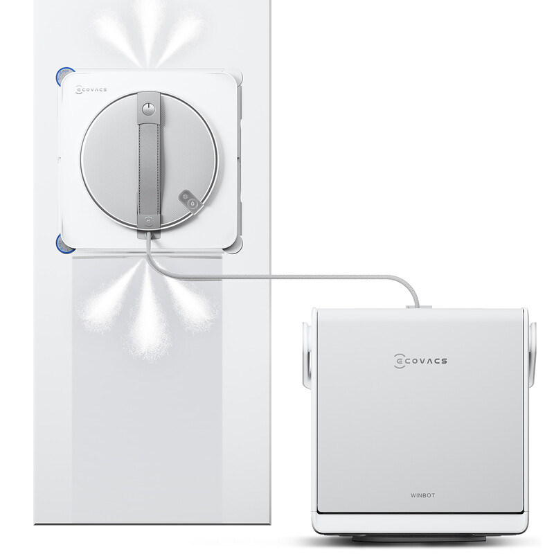 ECOVACS WINBOT W2S OMNI met TruEdge™-hoekschrobfunctie, breedhoekspray met drie sproeiers en WIN-SLAM 4.0, levert elke keer een streeploze reiniging. Het strakke dockingstation biedt handsfree gemak en een 12-traps veiligheidssysteem