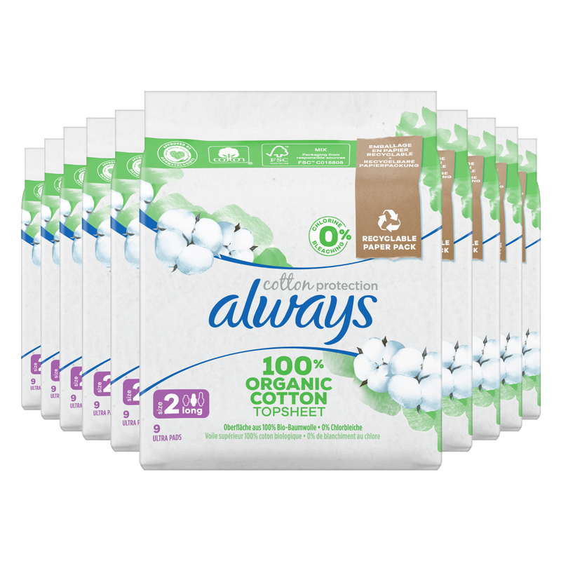 Always Cotton Protection Long Maandverband Met Vleugels 90 stuks, Toplaag van 100% Biologisch Katoen