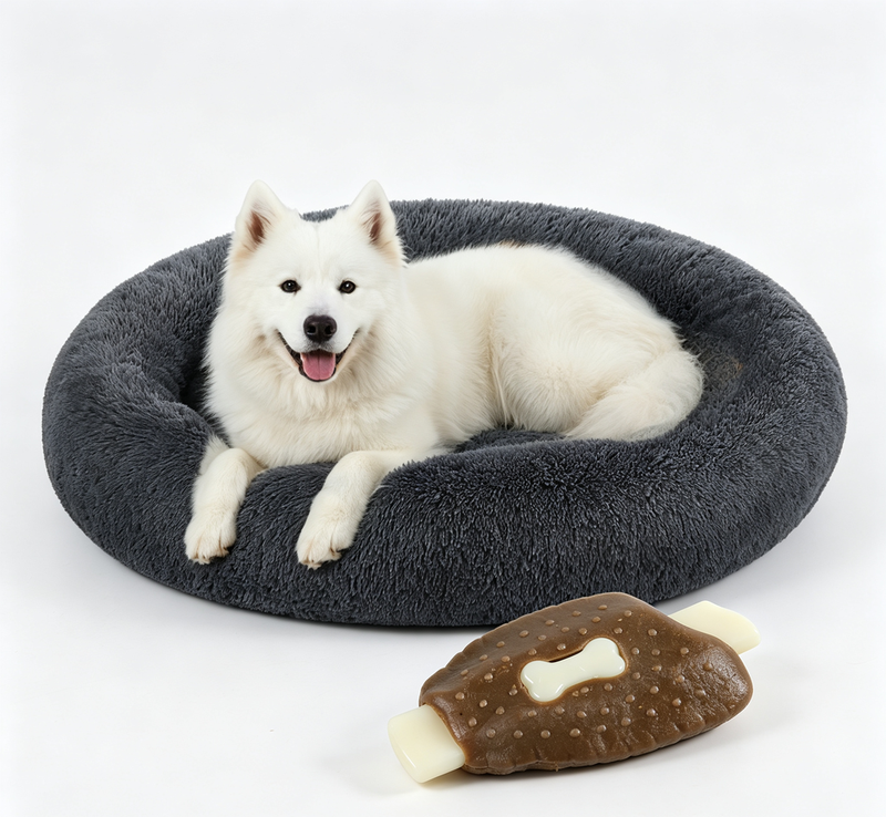 JOYFURNOS zacht pluche kalmerend hondenbenchkussen met afneembare, machinewasbare hoes, donkergrijs, 120 x 20 cm en kippenvleugel kauwspeeltje voor honden, duurzaam koeienleer en nylon botspelgoed voor langdurig kauwen (15×8×3 cm)