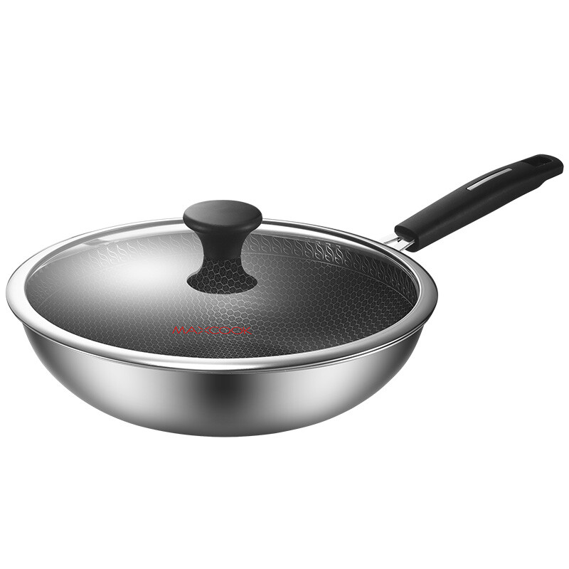 MAXCOOK 30cm 3-Ply Composite Stainless Steel Wok Pan, Food-Grade Ceramic Non-Stick Honeycomb Interior, Tempered Glass Lid & Cool Touch Handle, All Stoves Compatible Including Induction for Home Stir Fry Cooking MCC1432
