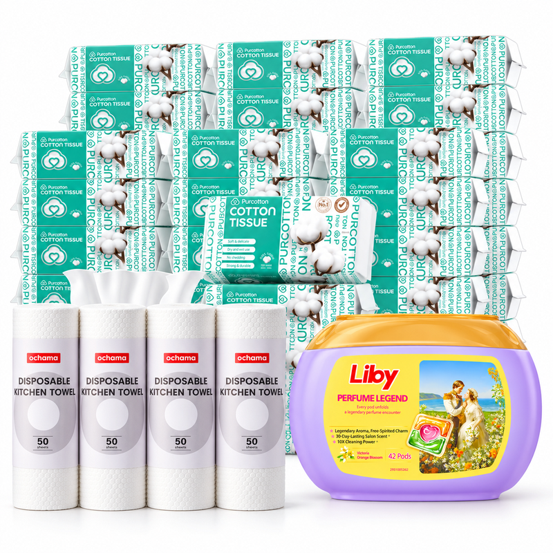 Familie schoonmaakvoorraad - Purcotton katoenen handdoeken 4000 vellen (100*40)*1 + Liby wascapsules sinaasappel 42 stuks*1 + ochama keukenpapier 200 vellen (50*4)*1