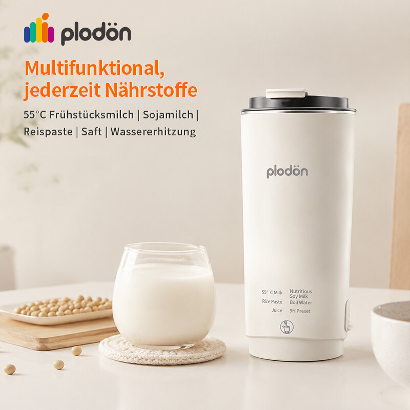 Plodon Mini elektrische Sojamilchmaschine für unterwegs, 300 ml tragbare Reise-Heiz- und Mixbecher mit 9-Stunden-Vorwahl. Geeignet für Sojamilch, Frühstücksmilch bei 55 °C, Reispaste, Saft und kochendes Wasser, mit Selbstreinigungsfunktion, Edelstahl