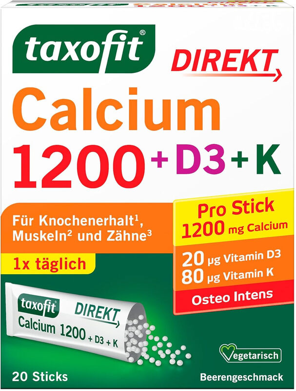 taxofit Calcium 1200+D3+K Direkt | Für Knochenerhalt, Muskeln und Zähne | Hochdosierte Calcium-Versorgung | Direktgranulat mit fruchtigem Beerengeschmack | Vegetarisch | 20 Stück