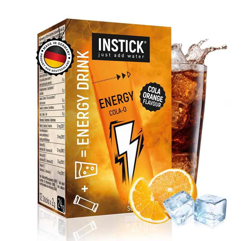 INSTICK Zuckerfreier Energydrink (Cola-Orange) - Kalorienarmes Energy Getränk mit Koffein & Vitaminen - Instant-Pulver für 12 x 0,25 L