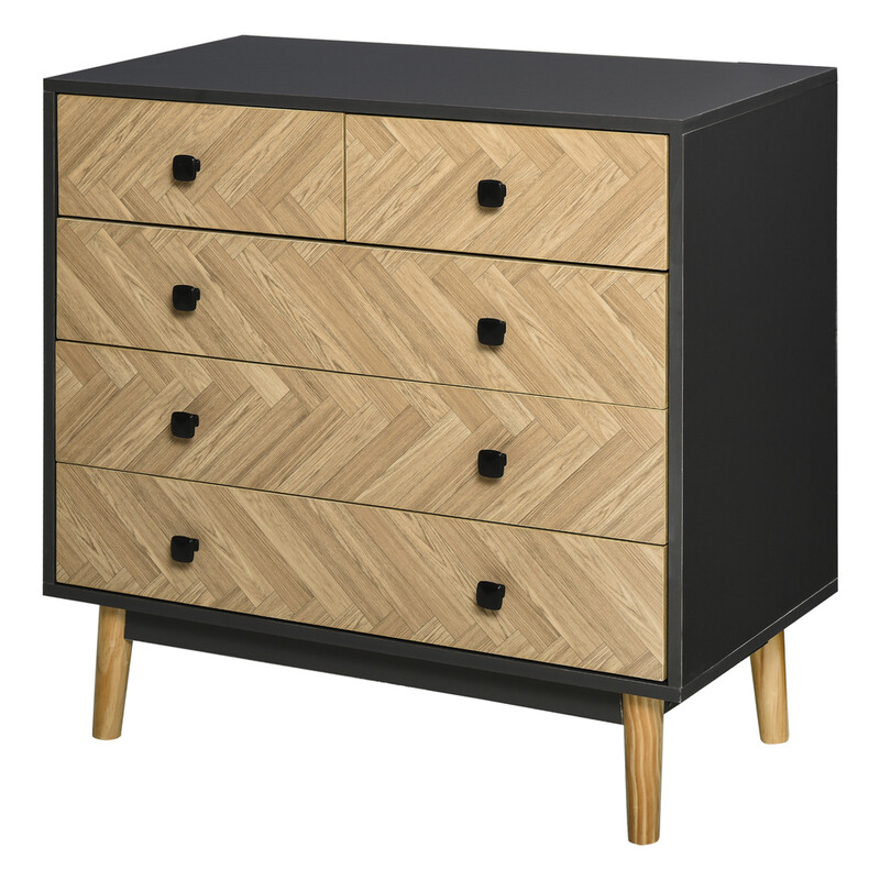 Drawer Chest Herringbone 5 Drawers Black/Oak Effect