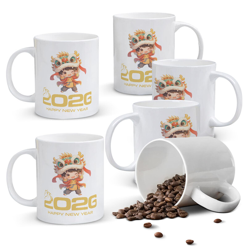 1pc 2026 New Year Mug, 11oz Happy New Year Coffee Cup with Cute Lion Dancer, Chinese