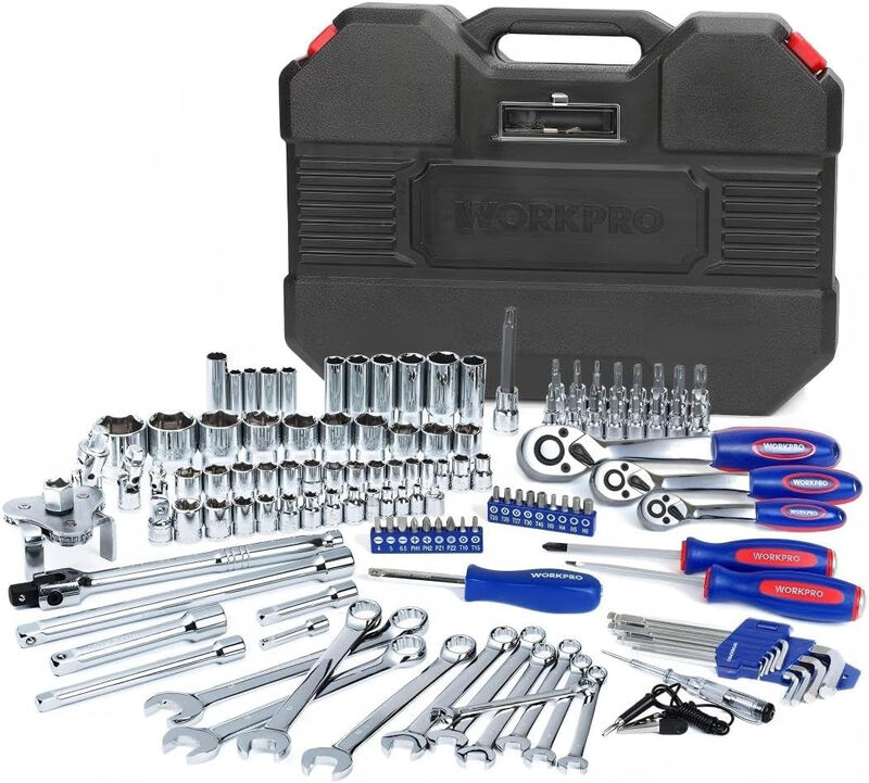 WORKPRO 123-teiliges Steckschlüsselsatz, 1/2", 1/4", 3/8" Mechaniker-Werkzeugset | Schnellspann-Ratsche, Cr-V-Stahl, Metrische & SAE-Schlüssel, Einfache Aufbewahrung, Auto- & Heimreparatur