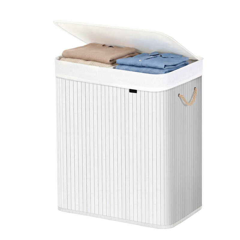 JOYFURNOS Grote bamboe wasmand, Opvouwbare wasmand met 2 vakken en deksel, 52 x 32 x 61 cm, Wit