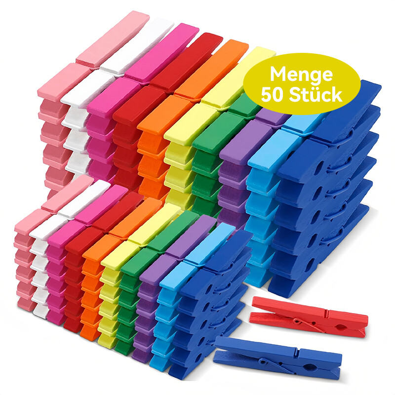 Colored Wooden Clothespins / Photo Clips, Rainbow Colors, 50-Pack, Birch Wood, Drying