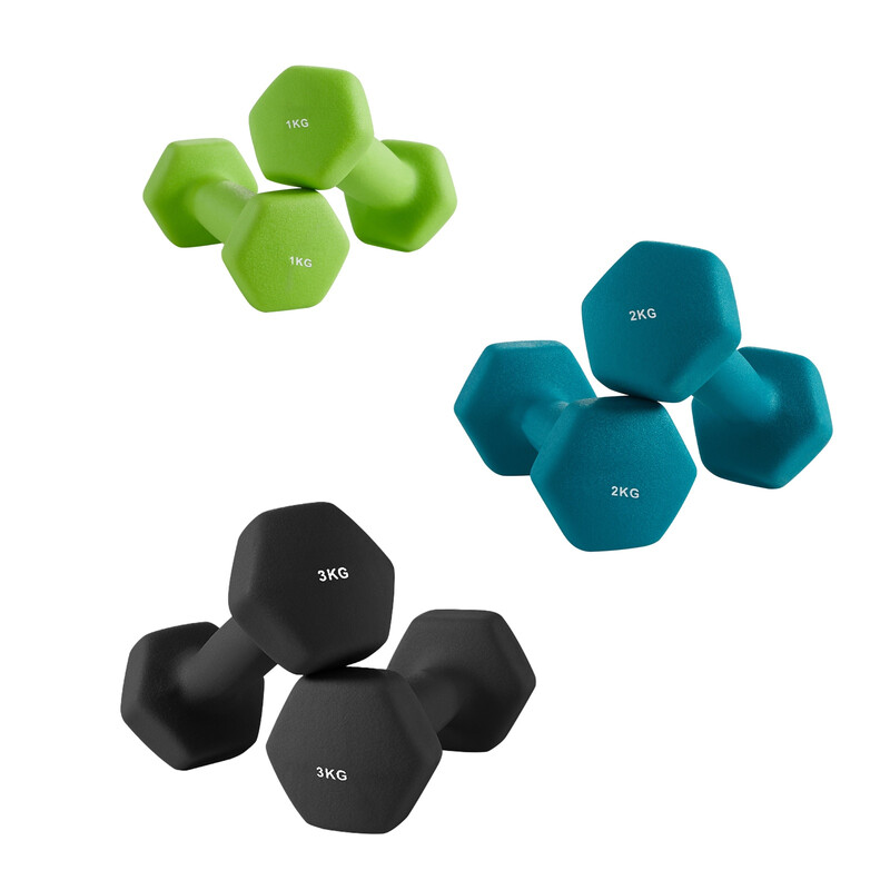 JOYFURNOSHexagonale dumbbellset met rek – 3 gewichtsparen (1 kg, 2 kg, 3 kg), neopreen met soft-touch coating, handgewichten voor thuisgymnastiek – Limoen, Teal & Donkergrijs