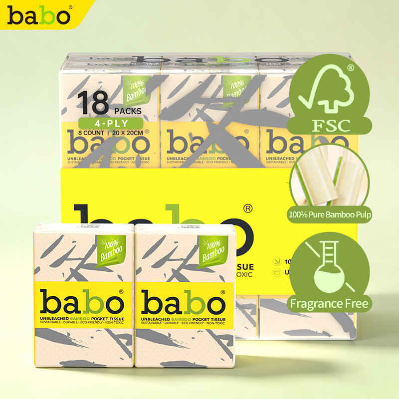 BABO Mini-Bambustaschentücher EU-Norm, 4 Lagen 200×200mm 8 Blatt/Pack, 18 Pack/Bund, ohne Bleiche & Fluoreszenz, nassfest ohne Fussel, für Pendeln & Ausflüge