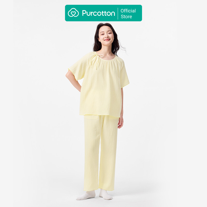 Purcotton Women's Airysoft Gauze Loungewear Set - Long Pants Style, Skin-Friendly, Restful & Casual Style - Lemon Yellow - Top: 165/88A; Bottoms: 165/72A