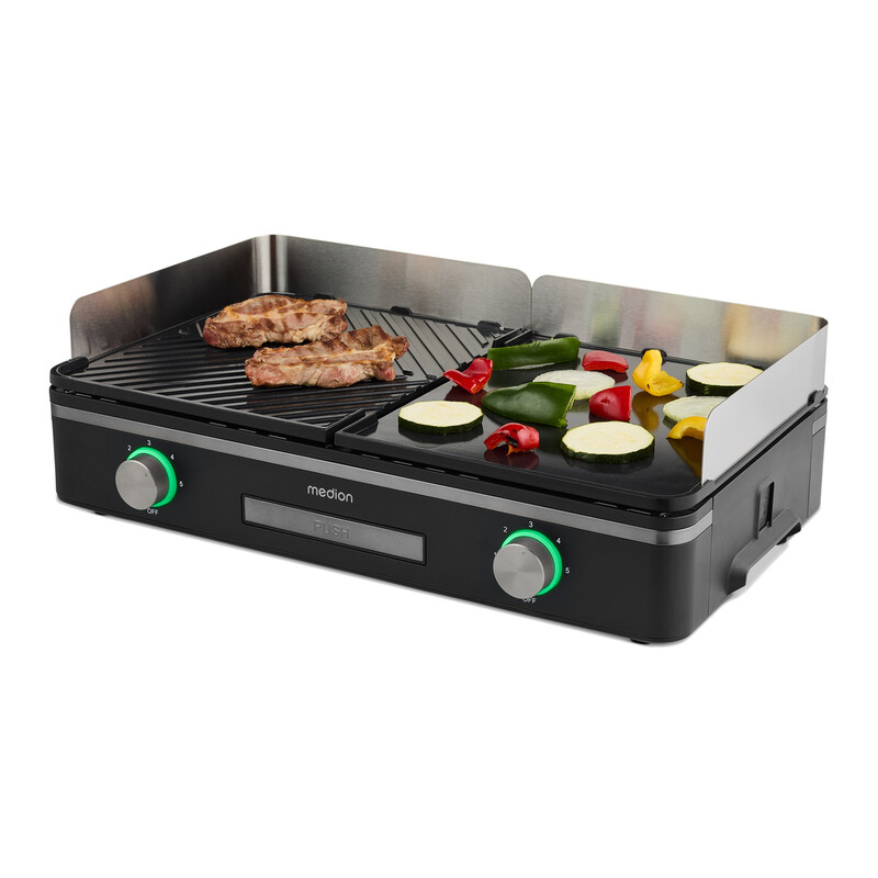 MEDION MD12027 Elektrischer Tischgrill – Dual-Zonen-System, 2400 W, 2 abnehmbare Platten, Einzelseitige Temperaturregelung, LED-Display, IPX4