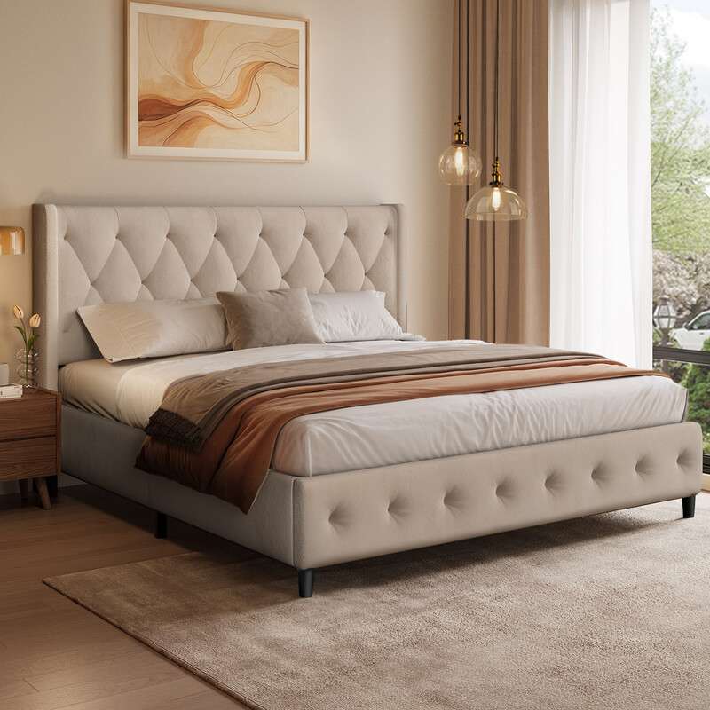 GTIMEX Polsterbett 140 × 200 cm mit Lattenrost, Statische Belastbarkeit: 390 kg, Doppelbett mit Polsterkopfteil, Massiver Lattenrost, Einfache Montage, Modernes Design, Robuster Rahmen und hochwertiger Samtstoff, Beige