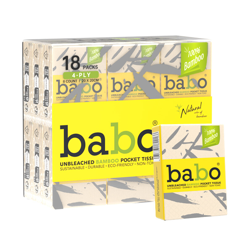 BABO EU Standard Bamboo Pulp Mini Pocket Tissues, 4-Ply, 200×200mm, 8 Sheets per Mini Pack, 18 Packs per Bundle, Unbleached & Fluorescent-Free, Wet-Strong and Lint-Free, Compact Pocket Tissues for Outdoor Activities & Daily Commute