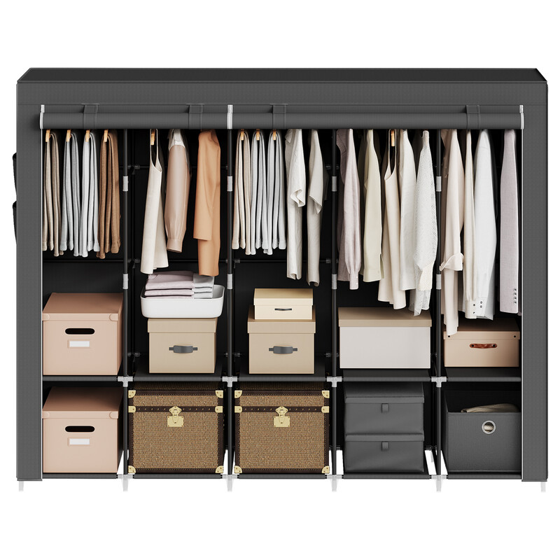 Ochama X Songmics Portable Fabric Closet, Large Clothes Storage Wardrobe With 5 Rails, Multiple Shelves And Side Pockets, Garment Rack, Black
