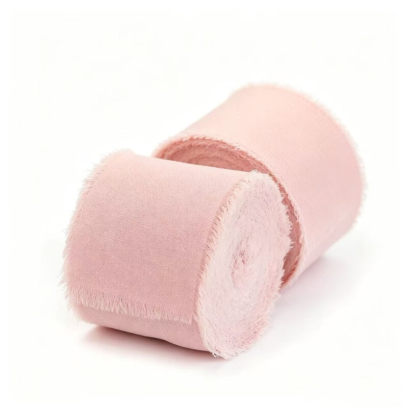 2 stuks 40 mm x 5 m roze chifon zijdeband, handgemaakte franjes voor bruiloftsuitslagen, bruidsboeketten, cadeaupapier, feestdecoratie, doe-het-zelf knutselwerk