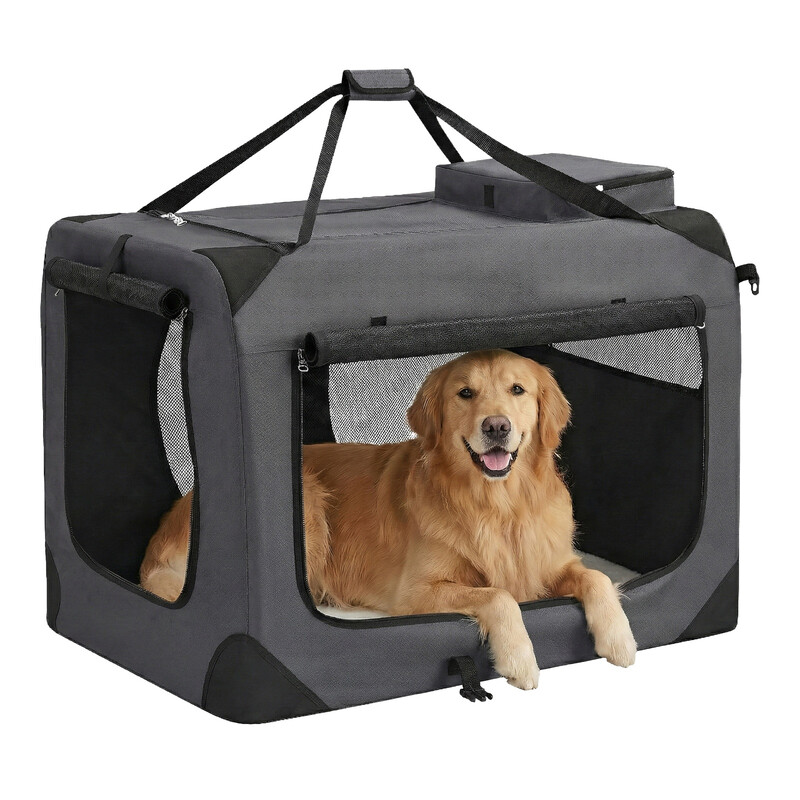 Ochama Grau Große Reisebox für Hunde – Faltbar, Weichwandig, 102 x 69 x 69 cm, Tragbare Haustier-Reisetasche mit atmungsaktivem Netz & Seitentaschen – Perfekt für Autofahrten