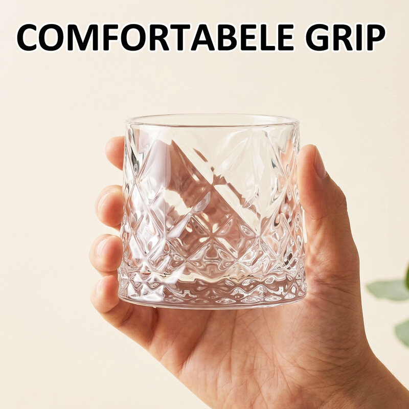 Diamant stressverlichtende beker, kristalhelder glas, whiskybeker, met houten draaibare voet, ideaal voor whisky, thee, matcha & frisdrank, 10,5 x 10,5 x 10,2 cm