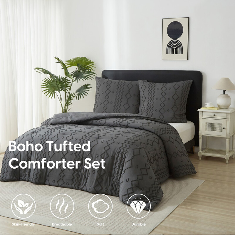 Meeallhome Bettwäsche-Set Tufted Bettdecken-Set 260 × 240 cm/80 × 80 cm × 2 Dunkelgrau