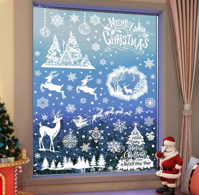 JU7CER 9-piece self-adhesive reusable Christmas window sticker, white snowflake pattern, double-sided PVC Christmas window sticker, suitable for Christmas windows, decorations, window glass, and display cabinets