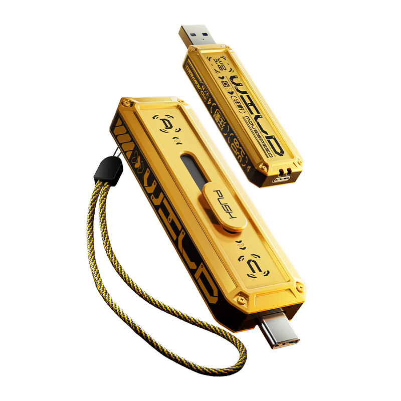 MOVESPEED USB-stick – 256 GB, dubbele interface (USB 3.2 Gen 2×1 & Type-C), tot 1090 MB/s lezen / 1030 MB/s schrijven, behuizing van zinklegering, Mecha-ontwerp, geel, YSUWD10-256GSY