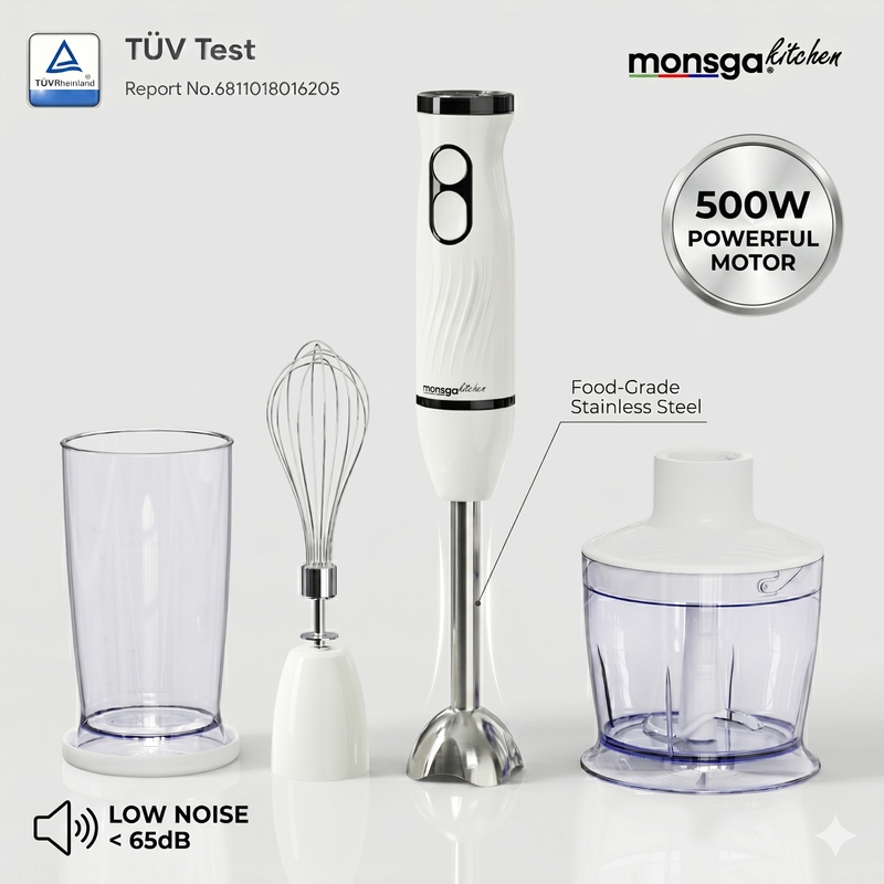 2-in-1 Hand Blender & Whisk Monsga S100, Ergonomic Stick Blender with Normal/Turbo Mo