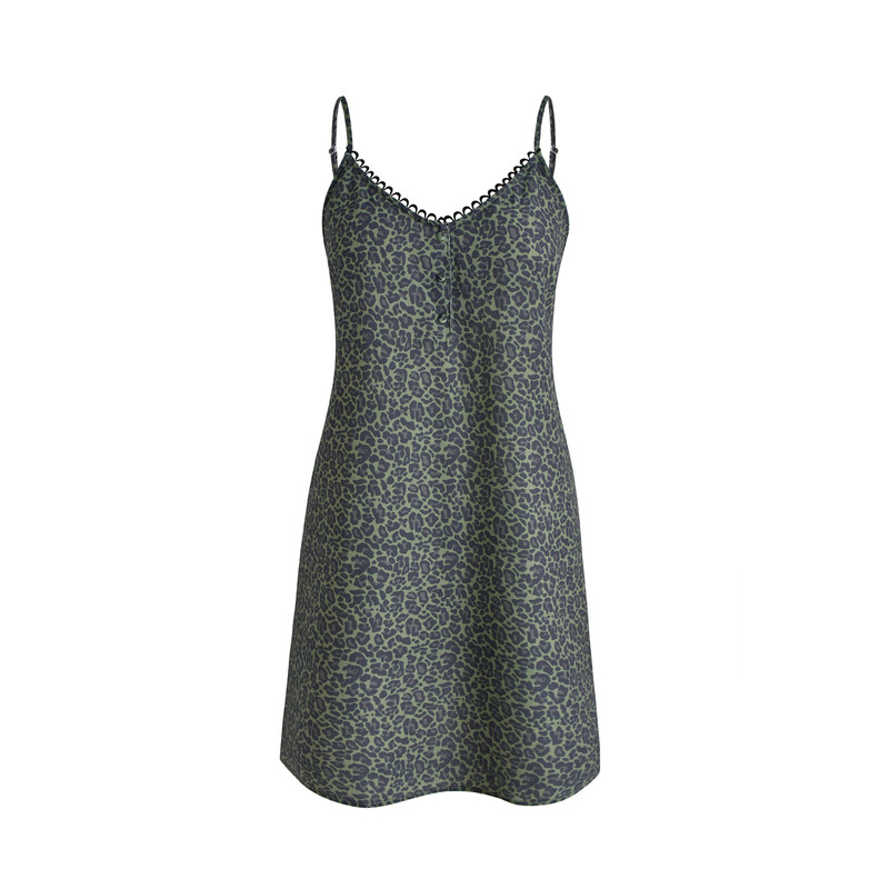 round-neck olive green leopard-print suspender dress S