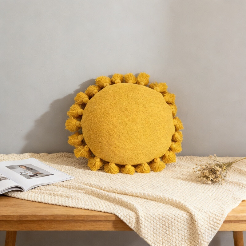, Acrylic Fringed Round Cushion, 45x45cm, yellow, 1pack