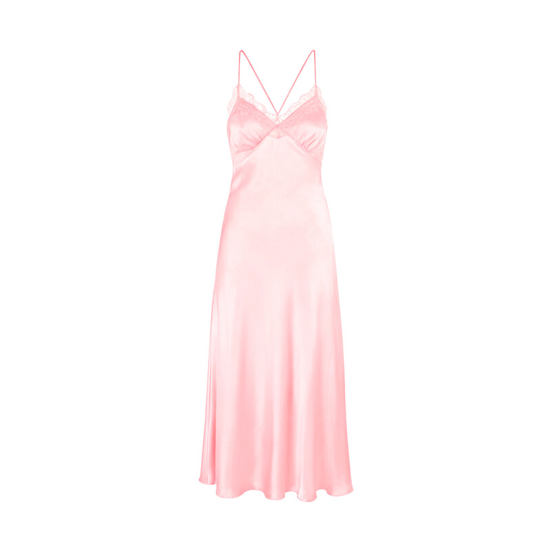 narrow lace v-neck pink silk-like suspender dress L