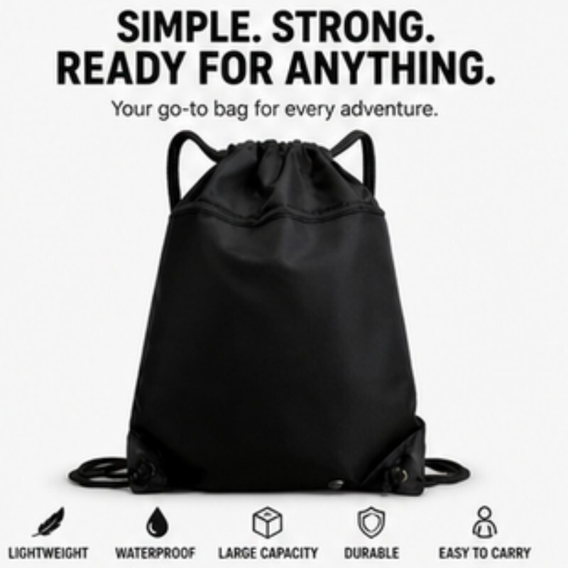 WhereHike Drawstring Backpack, Gym Sackpack String Bag Drawstring Bag with Zip Pocket for Sports, Gym, Swimming, Black