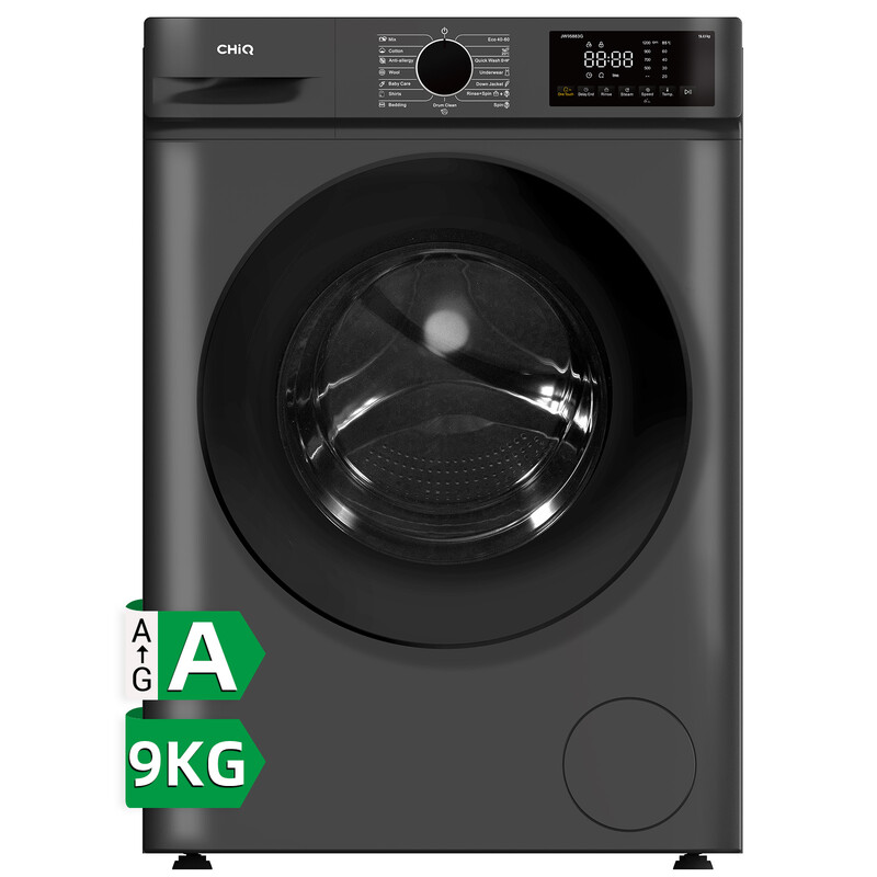CHiQ 9 kg frontlader wasmachine, donkergrijs, energieklasse A, grote trommel 530 mm, 1400 toeren, 16 programma's, stoomwassen & 1-touch slim wassen JW95883G