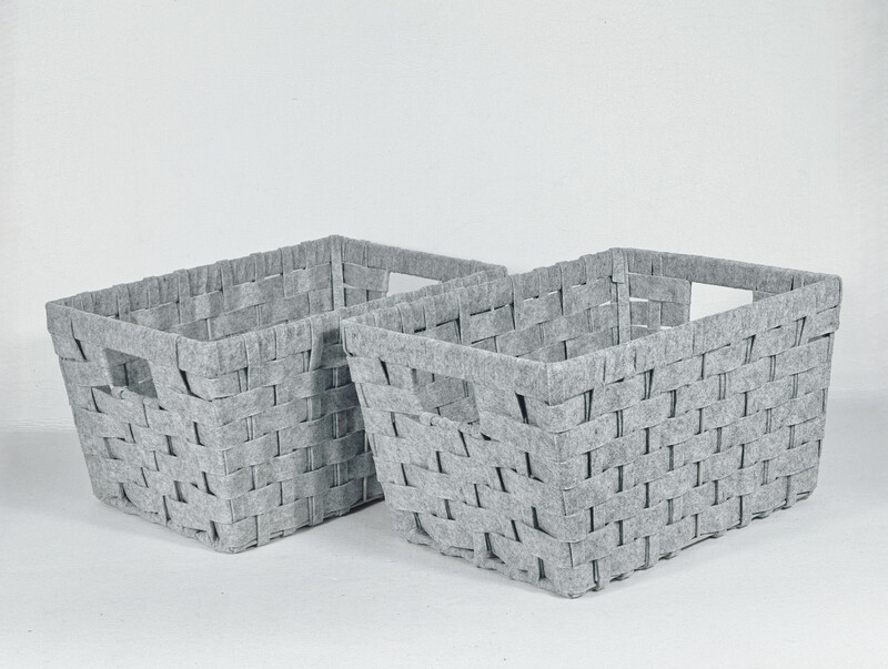 SET OF 2 FELT WOVEN LARGE STORAGE BASKETS-LIGHT GREY 15x11x8.25"H