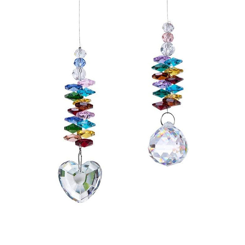 2PCS Rainbow Heart Crystal Ball Pendant - Heart-Shaped Prism Colorful Bead Ornament,