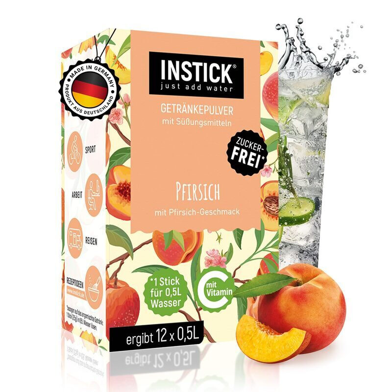 INSTICK Zuckerfreies Instant-Getränk (Pfirsich) - 1 Packung für 12 x 0,5-1 L - Veganes Getränkepulver Kalorienarm & Vitamin C - Instant-Pulver