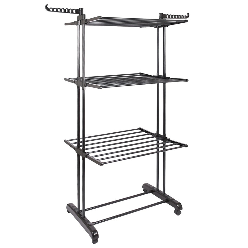 Harbour Housewares Folding Metal Wheeled Clothes Airer - 4-Tier - Black, Compact Foldable Laundry Rack, Shoe Rack & Hanger Hooks, Durable Powder-Coated Steel - Image 5