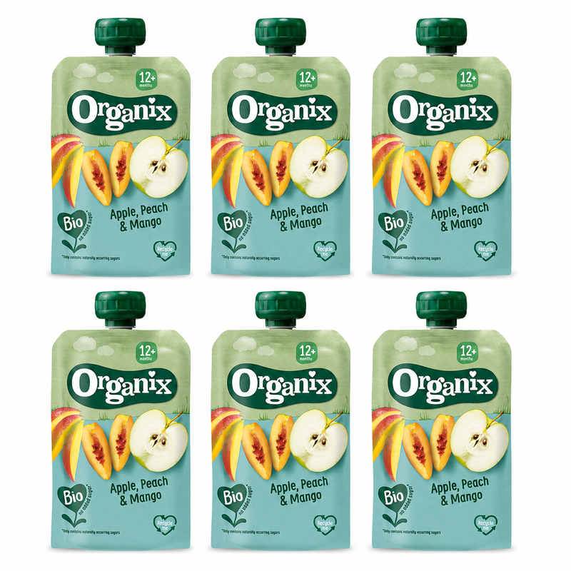 Organix Knijpflesjes Fruit Appel, Perzik & Mango 12+ Maanden 100 g x 6
