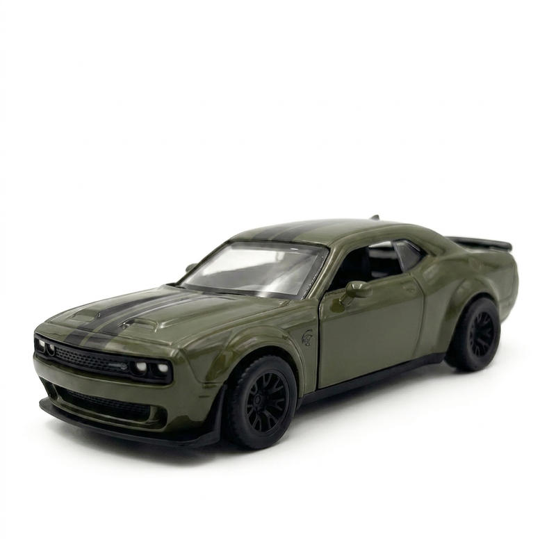 CCA 1:44 Dodge Challenger Diecast Vehicle – Army Green, Realistic Metal Model with Working Pull Back and Opening Doors, Detailed Interior, Durable Toy for Children and Display Collection
