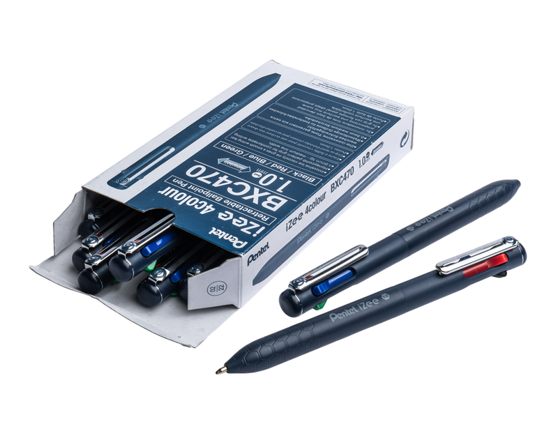 iZee 4 Colour 1.0mm Ballpen Dark Blue Barrel Black, Red, Blue & Green Ink Pack of 12