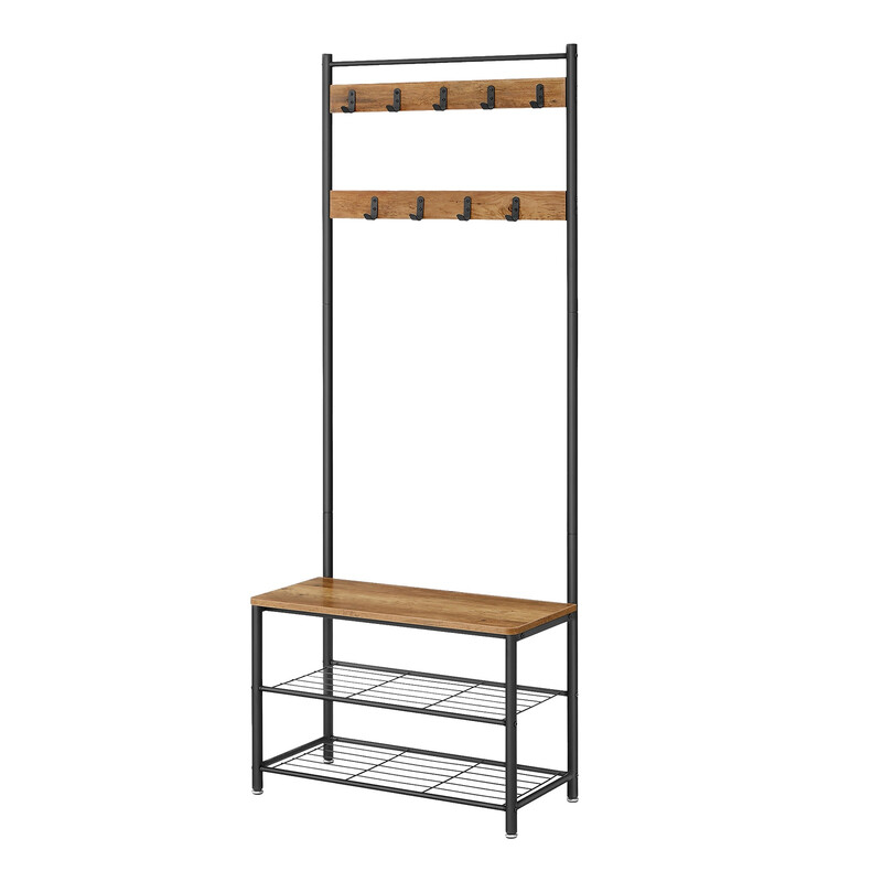 JOYFURNOS Garderobenst?nder, Garderobe, Kleiderst?nder, mit Schuhbank, 3-in-1 Design, Stahl, für Eingangsbereich, 32 x 70 x 177 cm, walnussbraun-schwarz