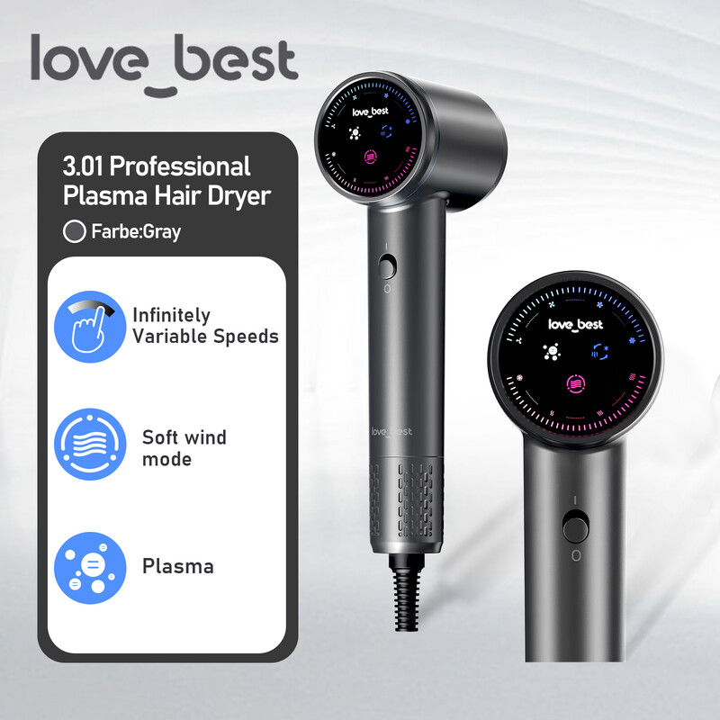 Love Best Air 3.0.1 hogesnelheids haardroger, grijs, 110,000 RPM, 1,3 miljard plasma-ionen, krachtige sneldrogende huishoudelijke haardroger, plasma haarverzorging föhn, compact en draagbaar, haarvriendelijk, bladloze lage geluidsniveau hoge wind mini haa