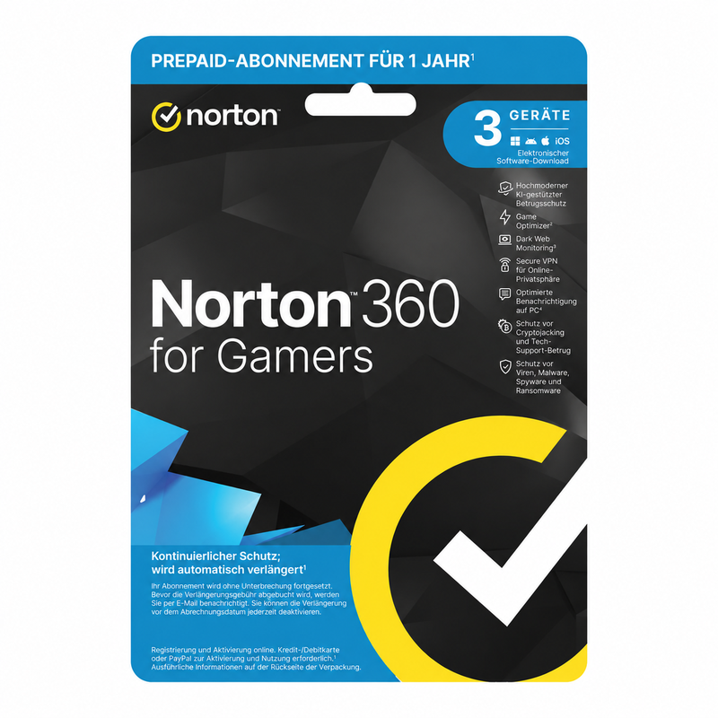 Norton 360 für Gamers | Sicherheitssoftware für Gamer | 1-Jahreslizenz für bis zu 3 Geräte | Schützt Ihren PC beim Gaming