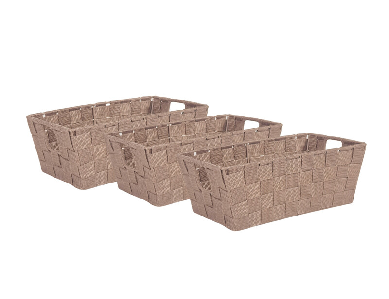 SET OF 3 PP WOVEN STRAP SMALL SHELF TOTE-TAUPE 12"X6.5"X4.5"