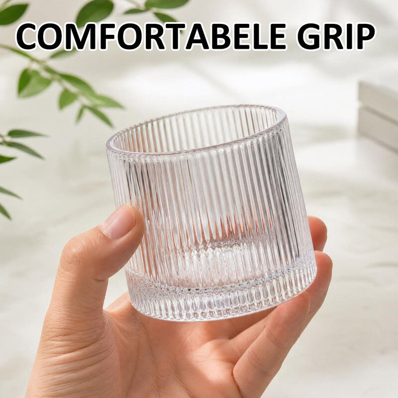 Geüpgradede gestreepte stressverlichtingsbeker, kristalhelder glas, met draaibare glazen basis, ideaal voor whiskey, thee, matcha en frisdrank, 10,5 x 10,5 x 12 cm