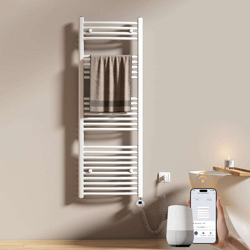 EMKE WiFi Badheizkörper Elektrisch 1400x500 mm - Gebogen Handtuchheizkörper Elektrisch, Elektrischer Handtuchwärmer Handtuchtrockner Handtuch Heizkörper Bad mit Thermostat und Heizstab - 600W, Weiß