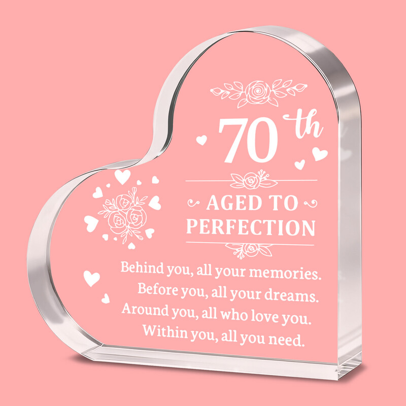 1pc 70th Birthday Crystal Heart, "AGED TO PERFECTION" Keepsake with Full Blessing Poe